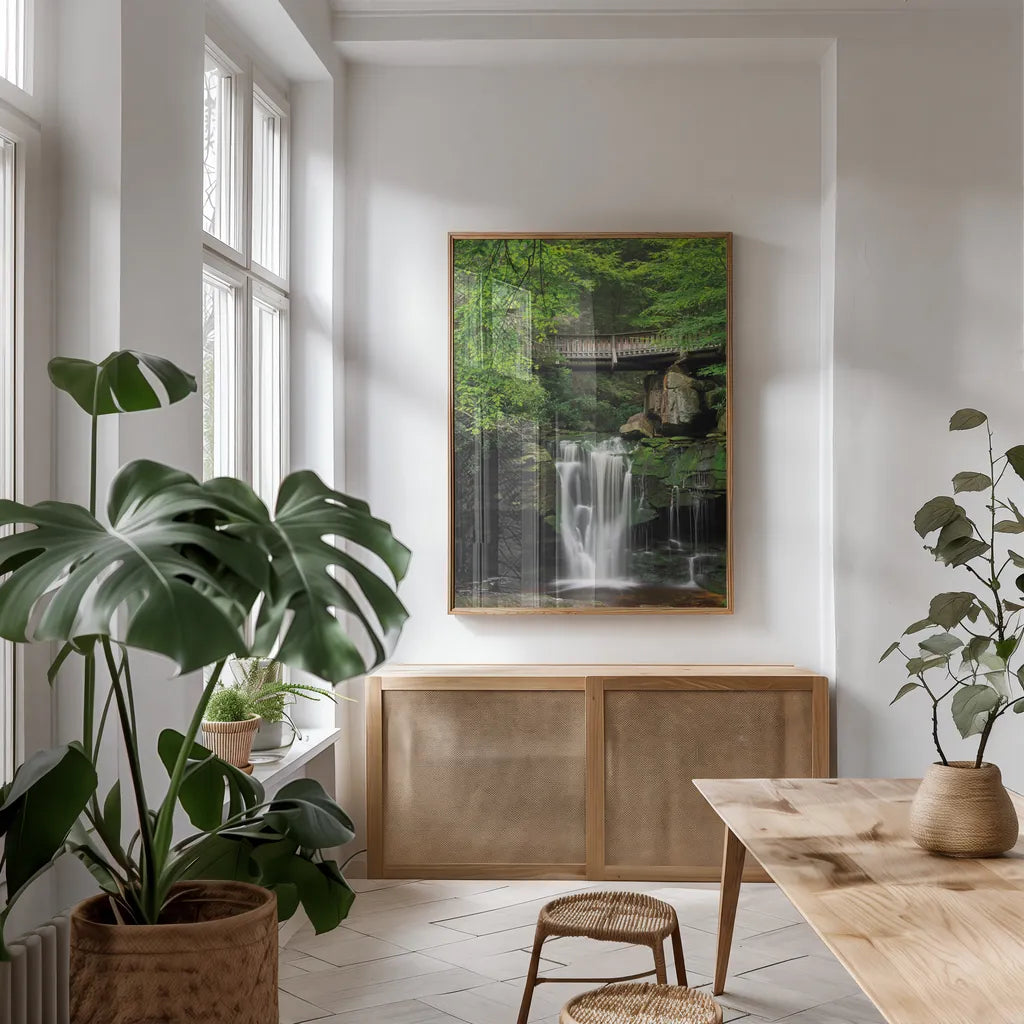 Elakala Falls West II by Alan Majchrowicz. shown as a print in a natural wood frame in a dining room. Available as a archival giclee rolled canvas, fine art paper, or poster print. SKU 50162h.