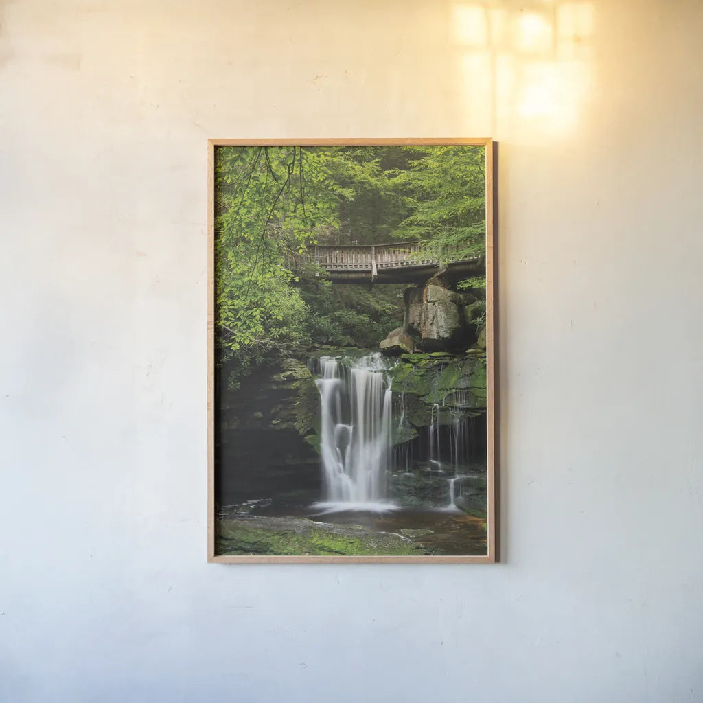 Elakala Falls West II by Alan Majchrowicz. shown as a paper print in a natural frame. Available as a archival giclee rolled canvas, fine art paper, or poster print. SKU 50162h.