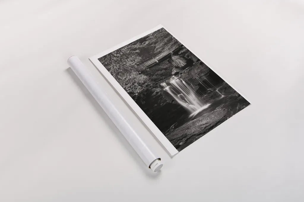 Elakala Falls West II BW by Alan Majchrowicz. shown as a rolled paper print. Available as archival giclee rolled canvas, fine art paper, or poster print. SKU 50164h.