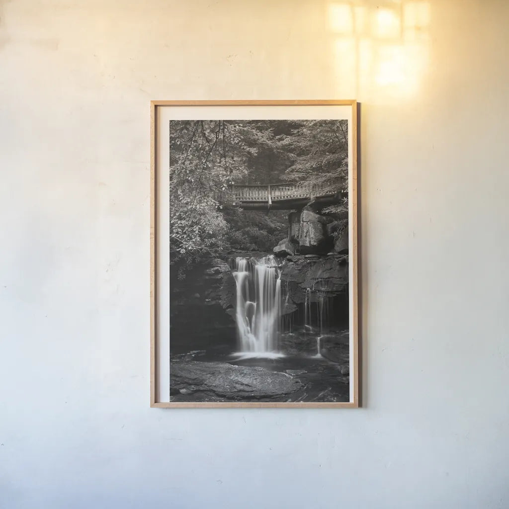 Elakala Falls West II BW by Alan Majchrowicz. shown as a paper print in a natural frame. Available as a archival giclee rolled canvas, fine art paper, or poster print. SKU 50164h.