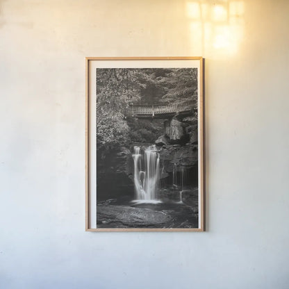 Elakala Falls West II BW by Alan Majchrowicz. shown as a paper print in a natural frame. Available as a archival giclee rolled canvas, fine art paper, or poster print. SKU 50164h.