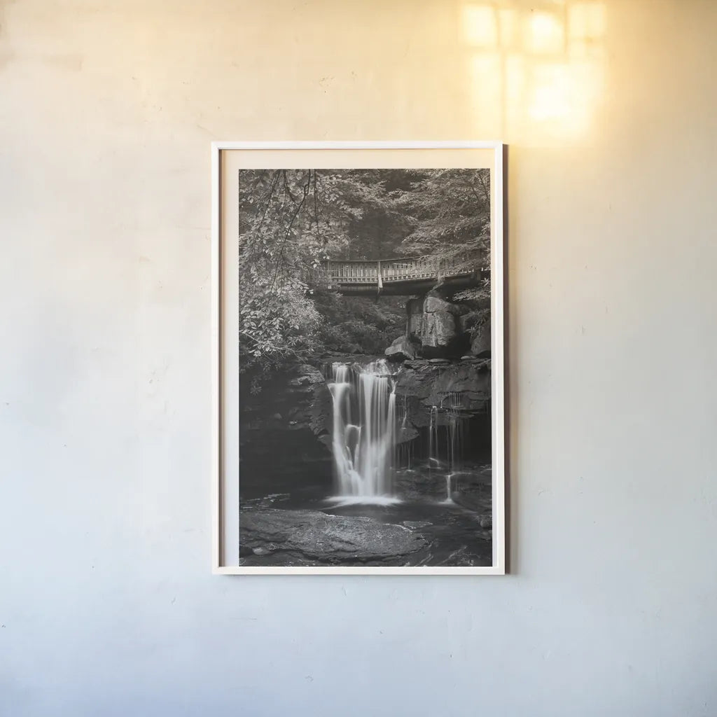 Elakala Falls West II BW by Alan Majchrowicz. shown as a paper print in a white frame. Available as a archival giclee rolled canvas, fine art paper, or poster print. SKU 50164h.