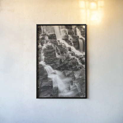 Falls on McDonald Creek by Alan Majchrowicz. shown as a paper print in a black flame. Available as a archival giclee rolled canvas, fine art paper, or poster print. SKU 43795h.