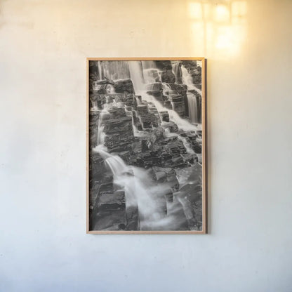 Falls on McDonald Creek by Alan Majchrowicz. shown as a paper print in a natural frame. Available as a archival giclee rolled canvas, fine art paper, or poster print. SKU 43795h.