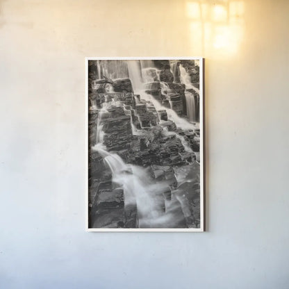 Falls on McDonald Creek by Alan Majchrowicz. shown as a paper print in a white frame. Available as a archival giclee rolled canvas, fine art paper, or poster print. SKU 43795h.