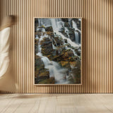 Falls on McDonald Creek color by Alan Majchrowicz. shown as over sized large wall art. Available as an archival giclee rolled canvas, fine art paper, or poster print. SKU 48125h.