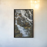 Falls on McDonald Creek color by Alan Majchrowicz. shown as a paper print in a black flame. Available as a archival giclee rolled canvas, fine art paper, or poster print. SKU 48125h.
