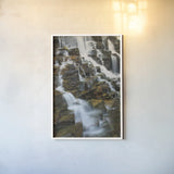 Falls on McDonald Creek color by Alan Majchrowicz. shown as a paper print in a white frame. Available as a archival giclee rolled canvas, fine art paper, or poster print. SKU 48125h.