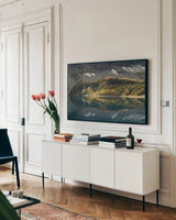 Floe Lake by Alan Majchrowicz. shown as a framed stretched canvas in a living room above a console. Available as a archival giclee rolled canvas, fine art paper, or poster print. SKU 28093i.