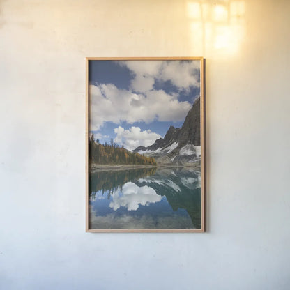 Floe Lake Reflection I by Alan Majchrowicz. shown as a paper print in a natural frame. Available as a archival giclee rolled canvas, fine art paper, or poster print. SKU 28098h.