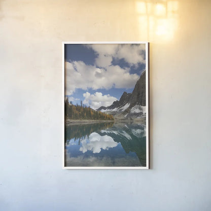 Floe Lake Reflection I by Alan Majchrowicz. shown as a paper print in a white frame. Available as a archival giclee rolled canvas, fine art paper, or poster print. SKU 28098h.