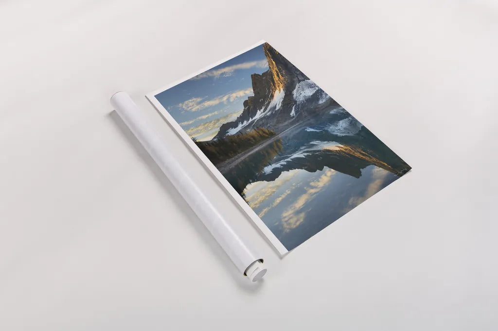 Floe Lake Reflection II by Alan Majchrowicz. shown as a rolled paper print. Available as archival giclee rolled canvas, fine art paper, or poster print. SKU 28099h.