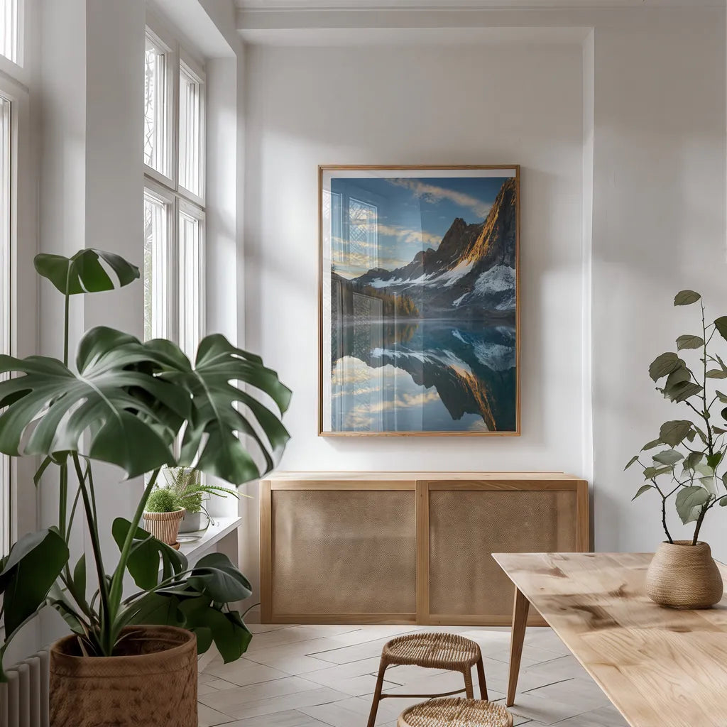 Floe Lake Reflection II by Alan Majchrowicz. shown as a print in a natural wood frame in a dining room. Available as a archival giclee rolled canvas, fine art paper, or poster print. SKU 28099h.