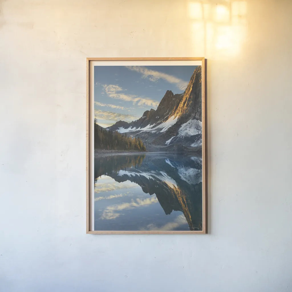Floe Lake Reflection II by Alan Majchrowicz. shown as a paper print in a natural frame. Available as a archival giclee rolled canvas, fine art paper, or poster print. SKU 28099h.