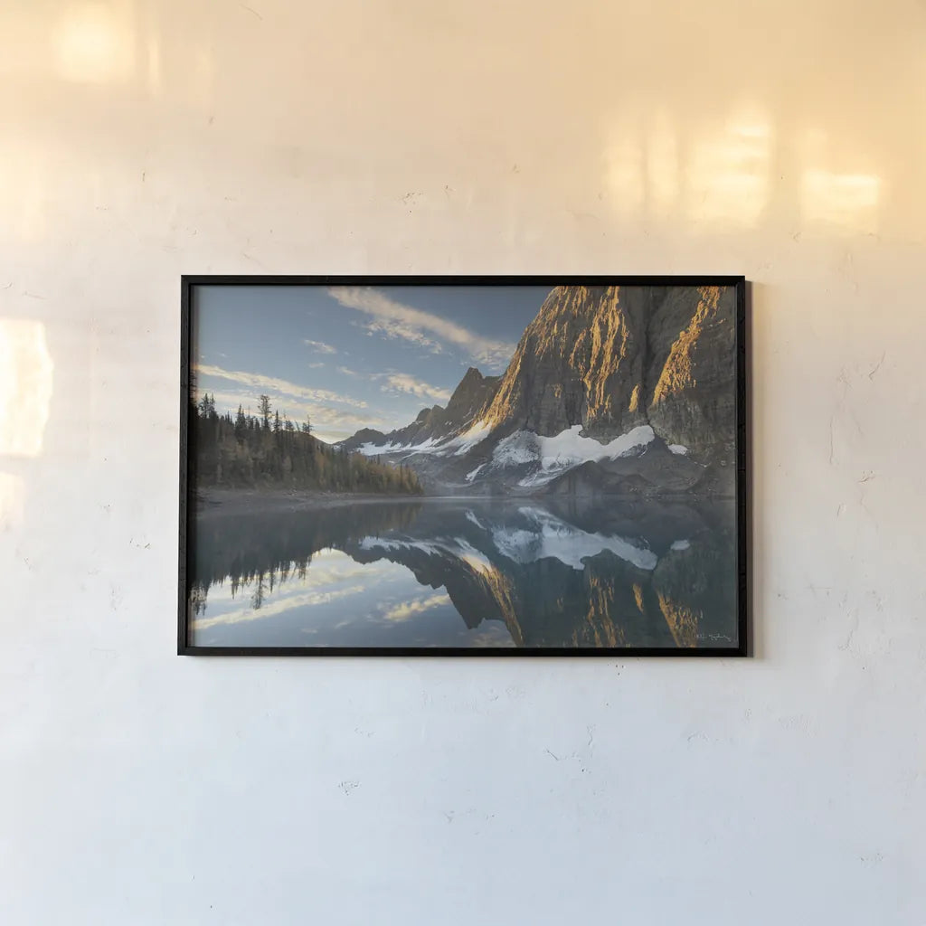 Floe Lake Reflection III by Alan Majchrowicz. shown as a paper print in a black flame. Available as a archival giclee rolled canvas, fine art paper, or poster print. SKU 28100i.