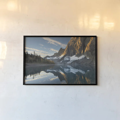 Floe Lake Reflection III by Alan Majchrowicz. shown as a paper print in a black flame. Available as a archival giclee rolled canvas, fine art paper, or poster print. SKU 28100i.