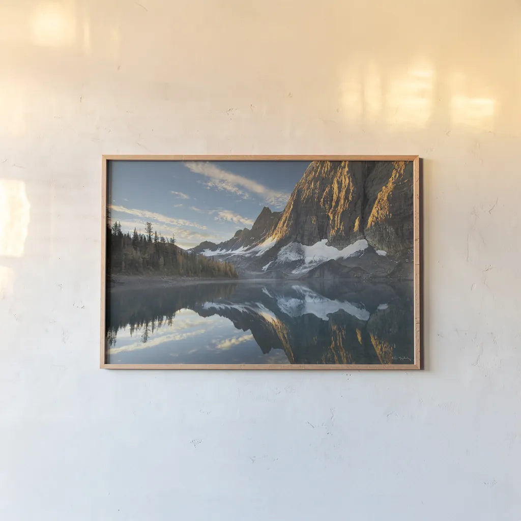 Floe Lake Reflection III by Alan Majchrowicz. shown as a paper print in a natural frame. Available as a archival giclee rolled canvas, fine art paper, or poster print. SKU 28100i.
