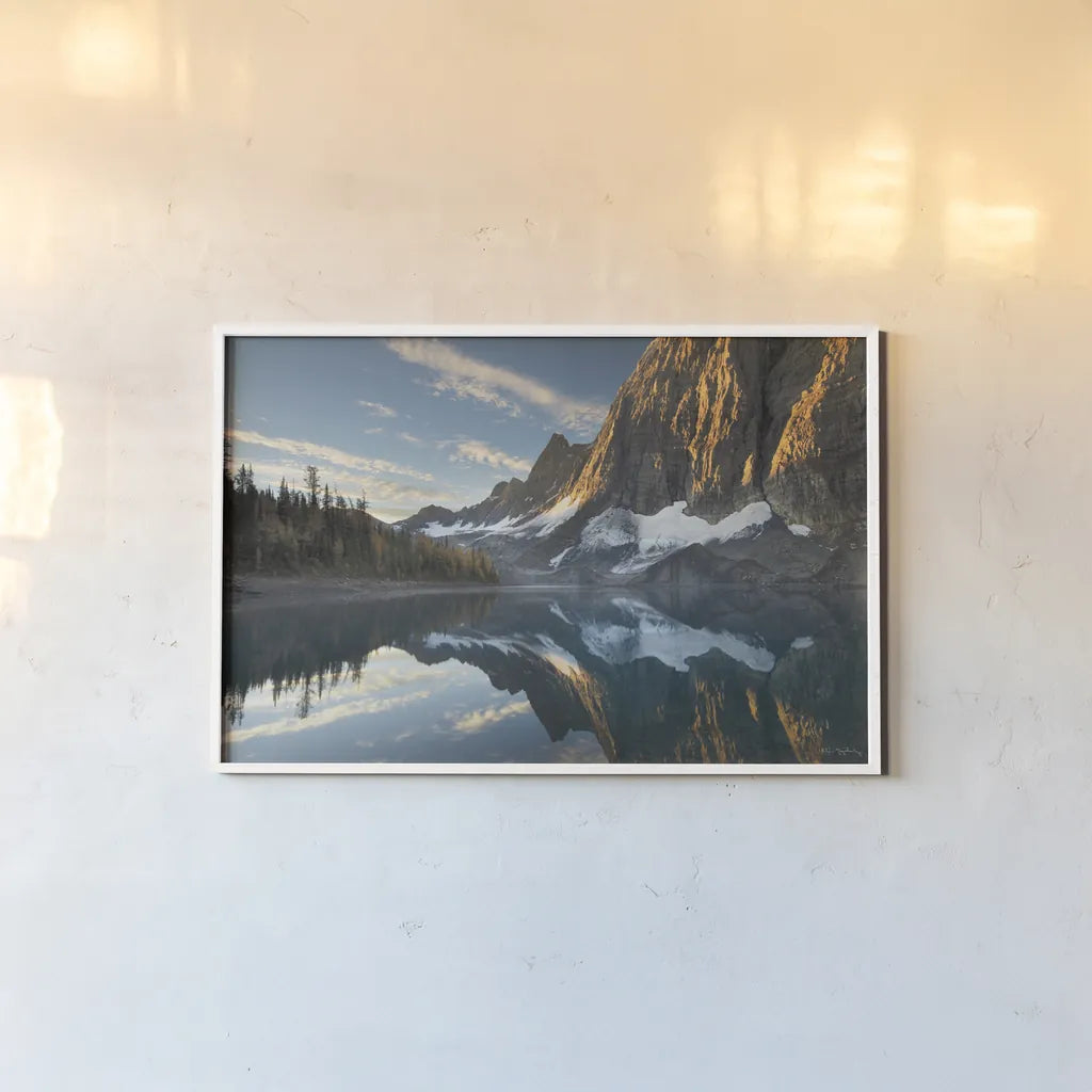 Floe Lake Reflection III by Alan Majchrowicz. shown as a paper print in a white frame. Available as a archival giclee rolled canvas, fine art paper, or poster print. SKU 28100i.