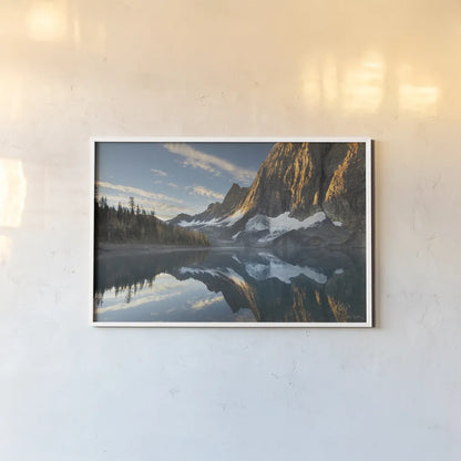 Floe Lake Reflection III by Alan Majchrowicz. shown as a paper print in a white frame. Available as a archival giclee rolled canvas, fine art paper, or poster print. SKU 28100i.
