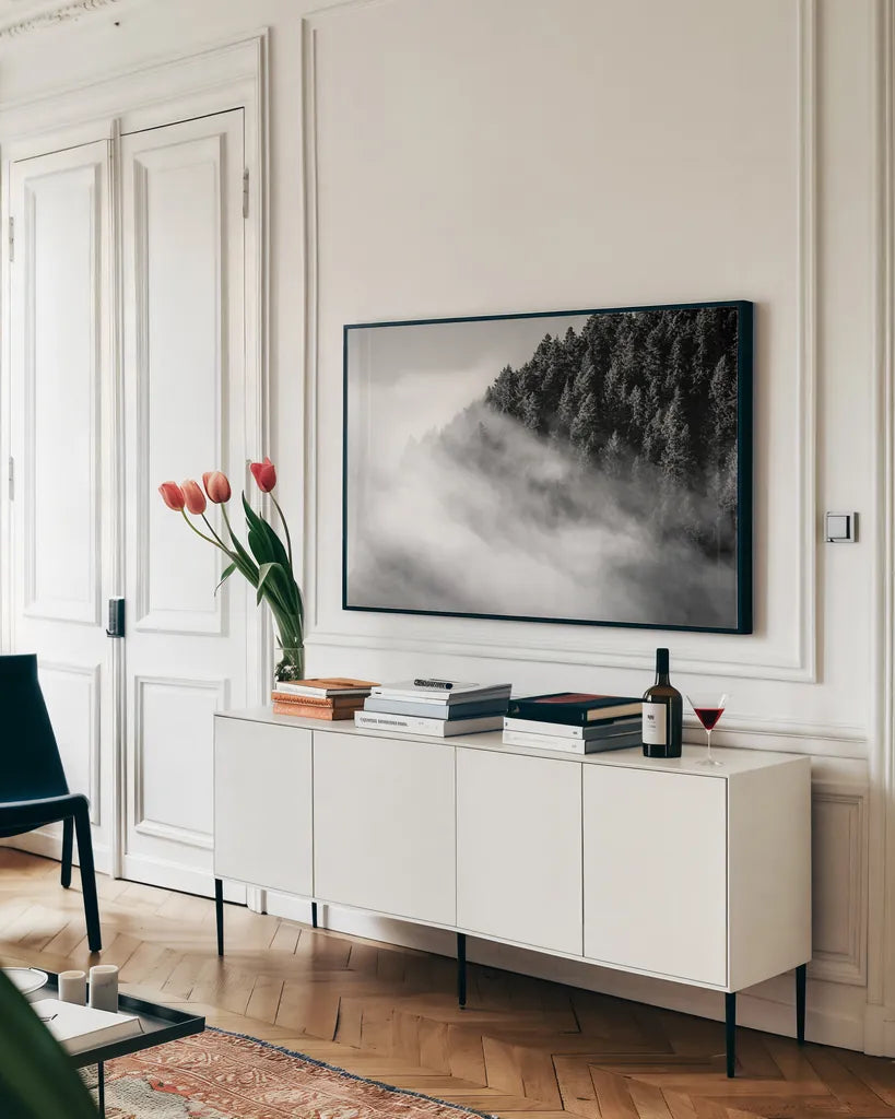 Fog and Forest I BW by Alan Majchrowicz. shown as a framed stretched canvas in a living room above a console. Available as a archival giclee rolled canvas, fine art paper, or poster print. SKU 85461i.