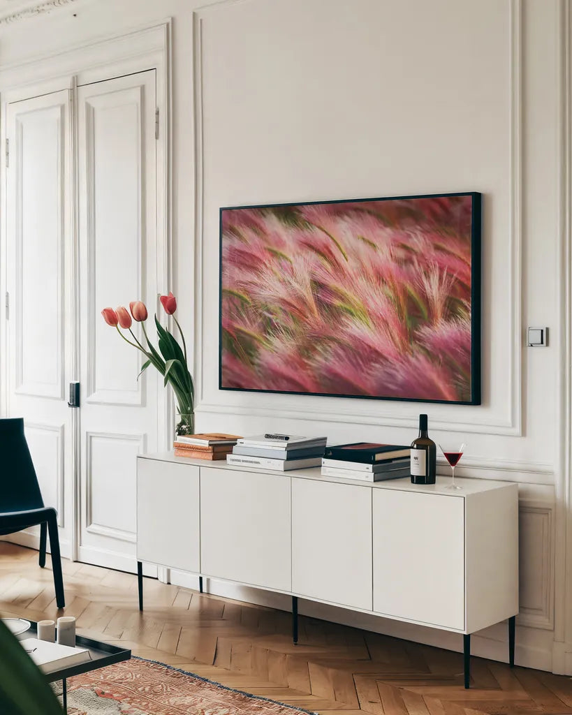 Foxtail Barley II by Alan Majchrowicz. shown as a framed stretched canvas in a living room above a console. Available as a archival giclee rolled canvas, fine art paper, or poster print. SKU 52313i.