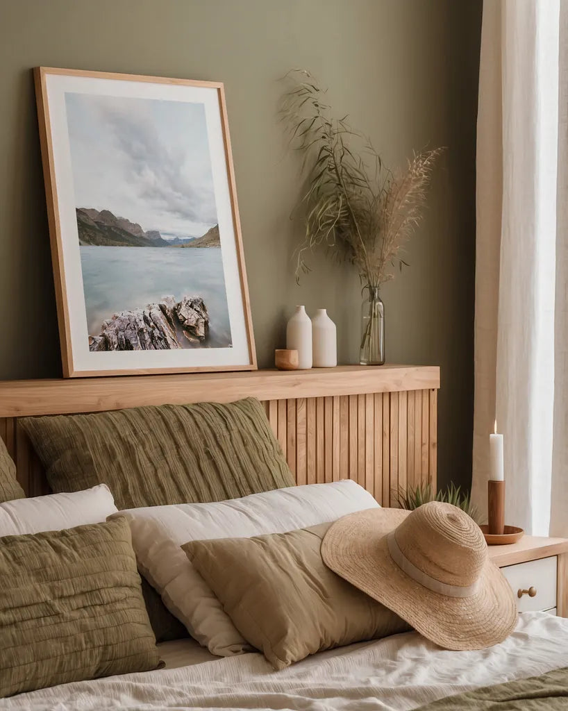 Glacier Lake by Alan Majchrowicz. shown as a paper print in a natural frame. Available as a archival giclee rolled canvas, fine art paper, or poster print. SKU 77220h.