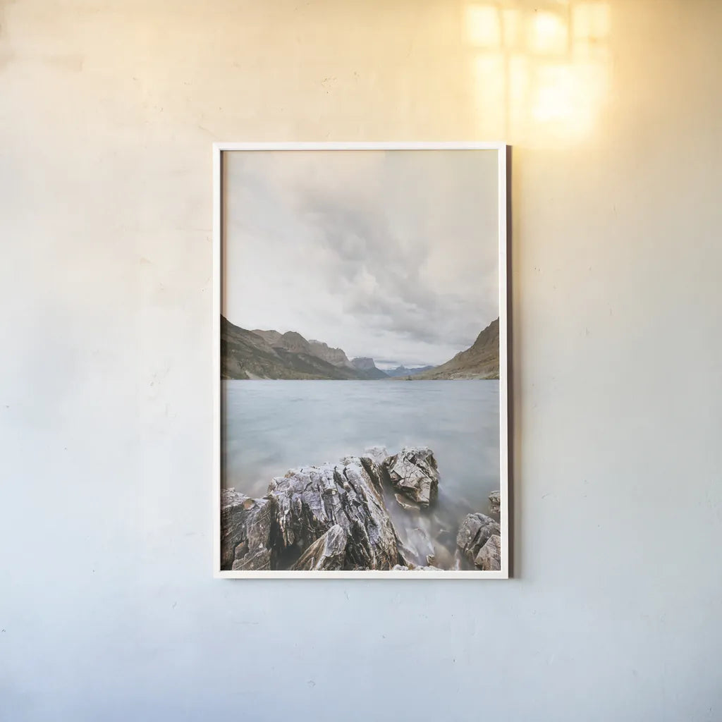 Glacier Lake by Alan Majchrowicz. shown as a paper print in a white frame. Available as a archival giclee rolled canvas, fine art paper, or poster print. SKU 77220h.