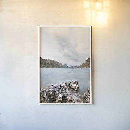 Glacier Lake by Alan Majchrowicz. shown as a paper print in a white frame. Available as a archival giclee rolled canvas, fine art paper, or poster print. SKU 77220h.