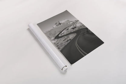 Goblin Valley State Park Rd BW by Alan Majchrowicz. shown as a rolled paper print. Available as archival giclee rolled canvas, fine art paper, or poster print. SKU 81527h.