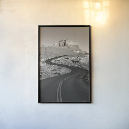 Goblin Valley State Park Rd BW by Alan Majchrowicz. shown as a paper print in a black flame. Available as a archival giclee rolled canvas, fine art paper, or poster print. SKU 81527h.