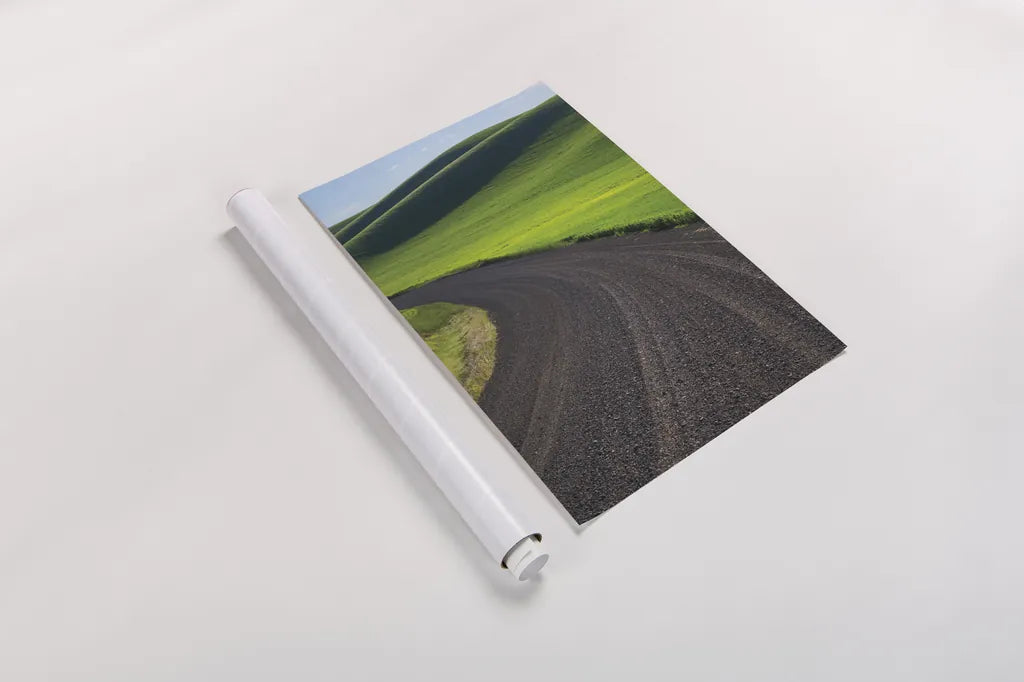 Going Through Palouse Wheat Fields by Alan Majchrowicz. shown as a rolled paper print. Available as archival giclee rolled canvas, fine art paper, or poster print. SKU 62464h.