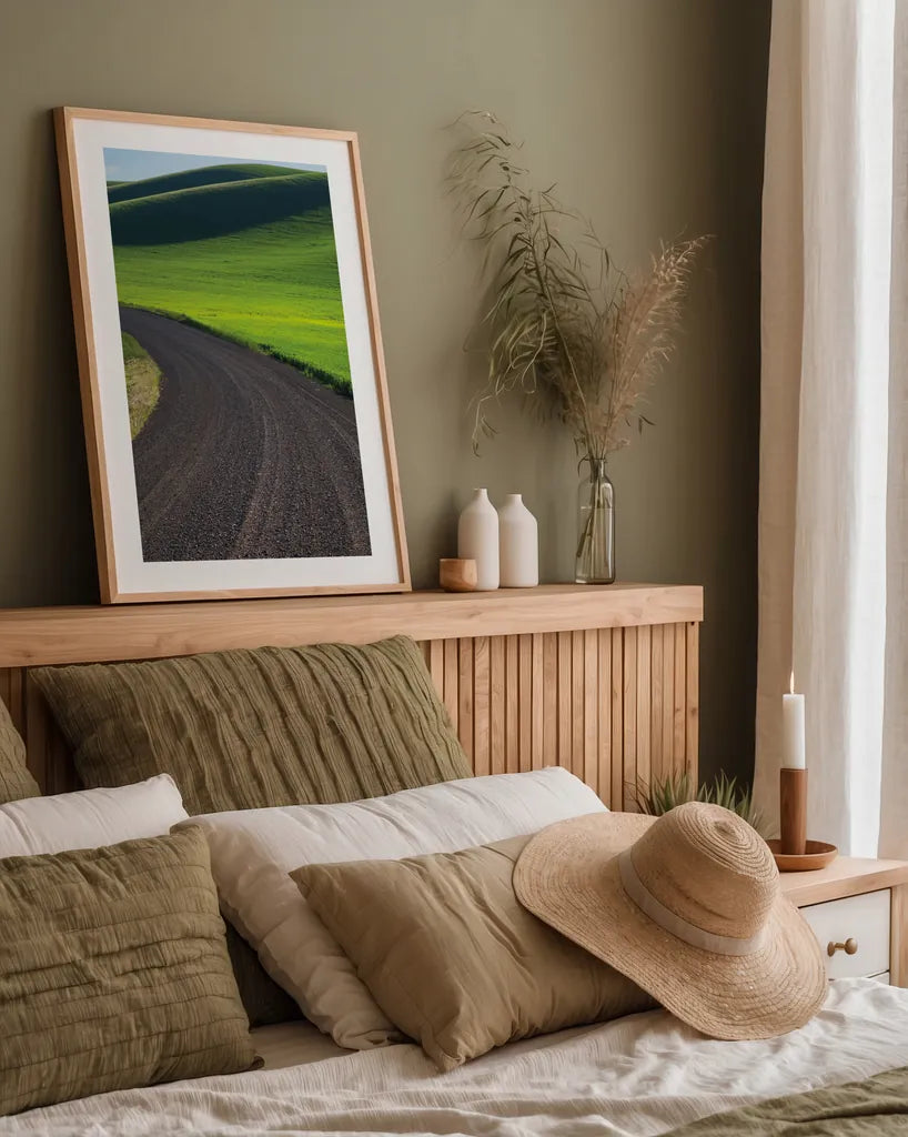 Going Through Palouse Wheat Fields by Alan Majchrowicz. shown as a paper print in a natural frame. Available as a archival giclee rolled canvas, fine art paper, or poster print. SKU 62464h.