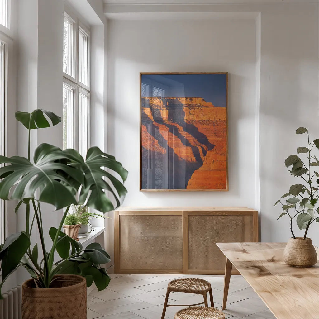 Grand Canyon from Mather Point by Alan Majchrowicz. shown as a print in a natural wood frame in a dining room. Available as a archival giclee rolled canvas, fine art paper, or poster print. SKU 84031h.