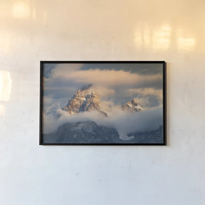 Grand Teton Clouds Color by Alan Majchrowicz. shown as a paper print in a black flame. Available as a archival giclee rolled canvas, fine art paper, or poster print. SKU 78028i.