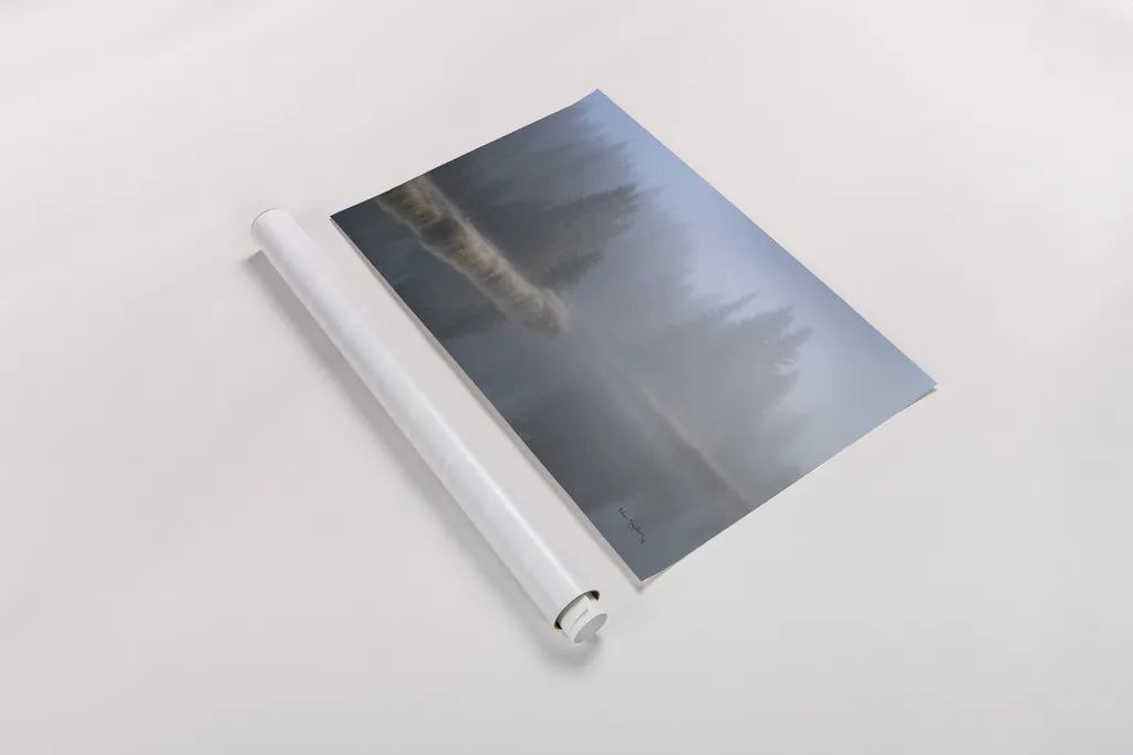 Grand Teton Lake Fog by Alan Majchrowicz. shown as a rolled paper print. Available as archival giclee rolled canvas, fine art paper, or poster print. SKU 71205i.