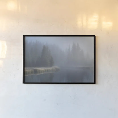 Grand Teton Lake Fog by Alan Majchrowicz. shown as a paper print in a black flame. Available as a archival giclee rolled canvas, fine art paper, or poster print. SKU 71205i.
