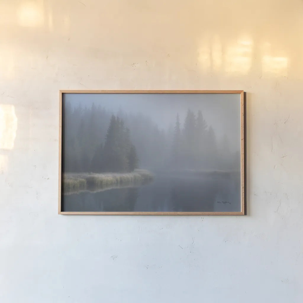 Grand Teton Lake Fog by Alan Majchrowicz. shown as a paper print in a natural frame. Available as a archival giclee rolled canvas, fine art paper, or poster print. SKU 71205i.