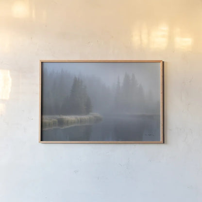 Grand Teton Lake Fog by Alan Majchrowicz. shown as a paper print in a natural frame. Available as a archival giclee rolled canvas, fine art paper, or poster print. SKU 71205i.