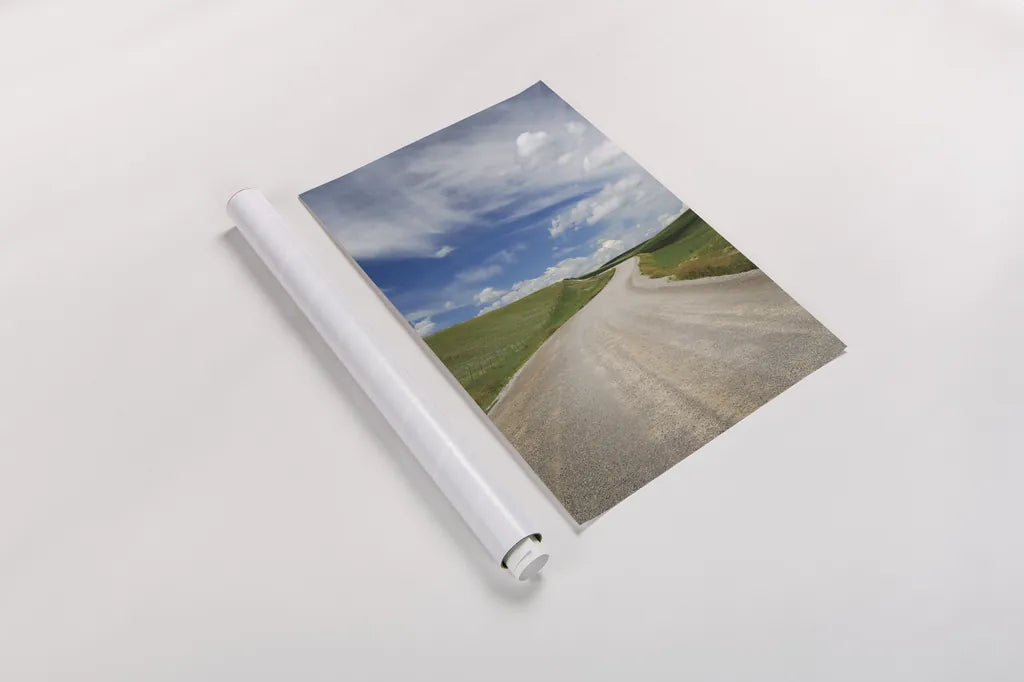 Gravel Road Near Choteau Montana II by Alan Majchrowicz. shown as a rolled paper print. Available as archival giclee rolled canvas, fine art paper, or poster print. SKU 62461h.
