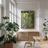 Hardwood Forest Canopy I by Alan Majchrowicz. shown as a print in a natural wood frame in a dining room. Available as a archival giclee rolled canvas, fine art paper, or poster print. SKU 52767h.