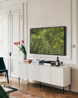 Hardwood Forest Canopy IV by Alan Majchrowicz. shown as a framed stretched canvas in a living room above a console. Available as a archival giclee rolled canvas, fine art paper, or poster print. SKU 52770i.