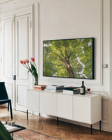 Hardwood Forest Canopy V by Alan Majchrowicz. shown as a framed stretched canvas in a living room above a console. Available as a archival giclee rolled canvas, fine art paper, or poster print. SKU 52771i.