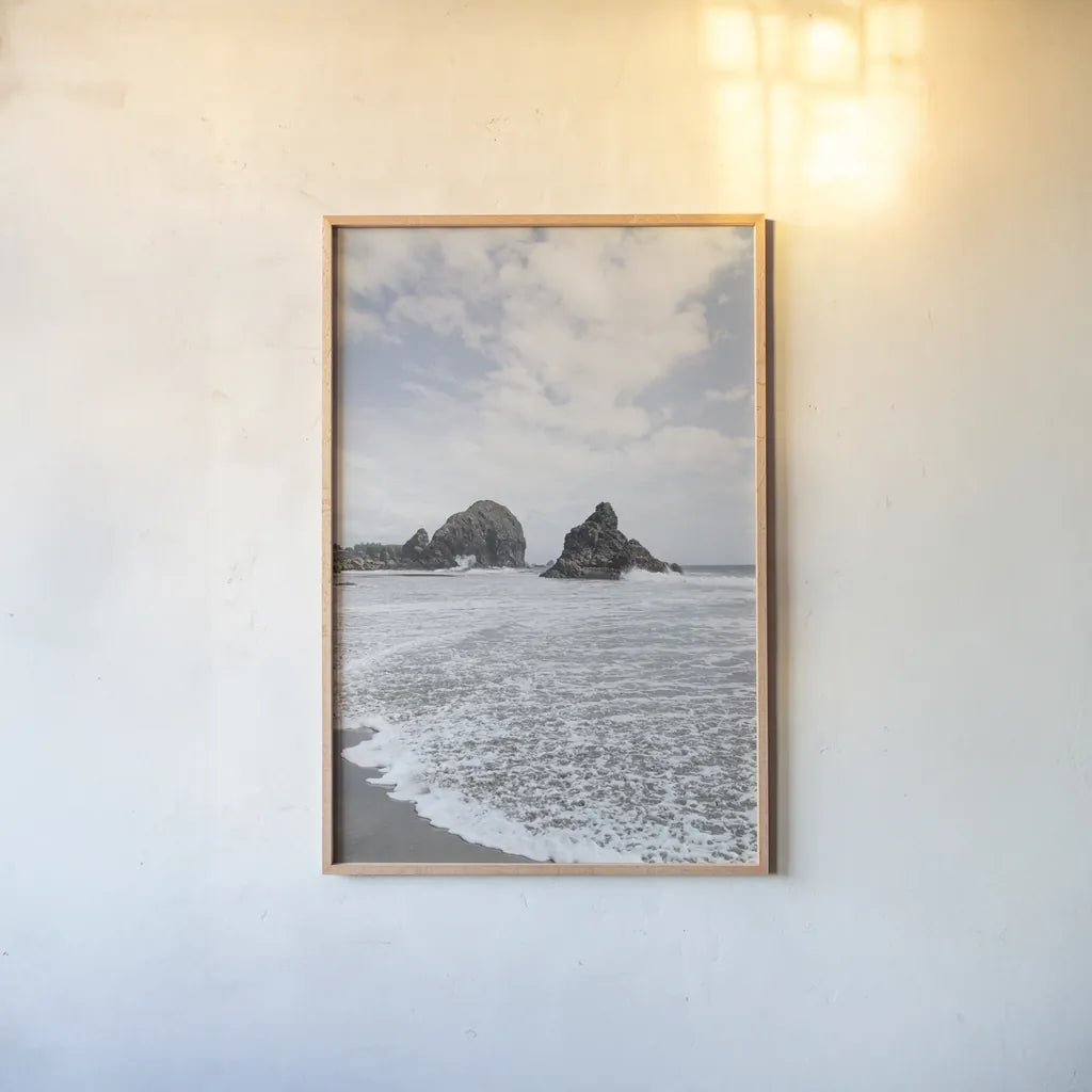 Harris Beach Oregon by Alan Majchrowicz. shown as a paper print in a natural frame. Available as a archival giclee rolled canvas, fine art paper, or poster print. SKU 36196h.