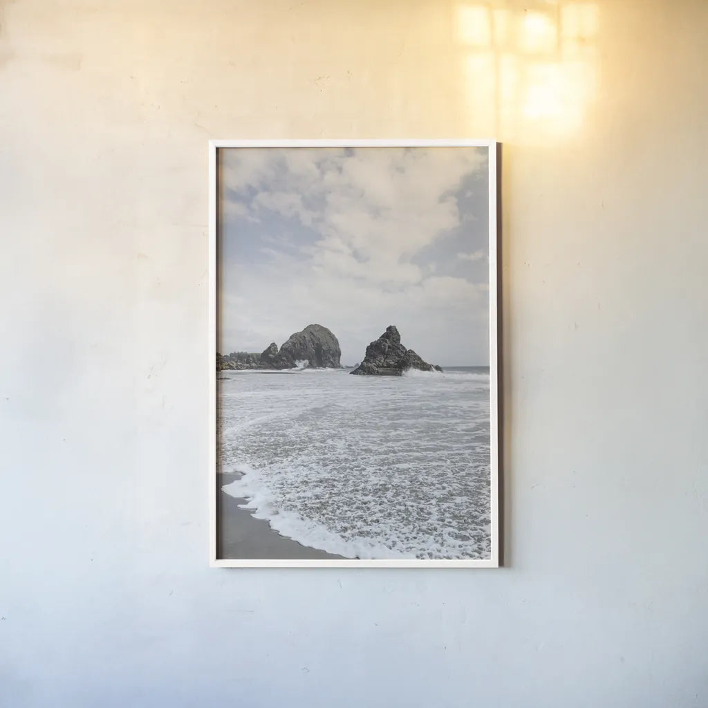 Harris Beach Oregon by Alan Majchrowicz. shown as a paper print in a white frame. Available as a archival giclee rolled canvas, fine art paper, or poster print. SKU 36196h.
