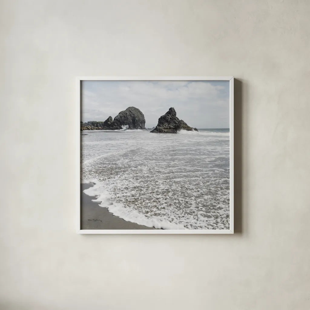 Harris Beach Oregon Crop by Alan Majchrowicz. Shown in a crisp white glass frame for a clean and minimalist style. Available as an archival giclee rolled canvas, fine art paper, or poster print. SKU 36196a.