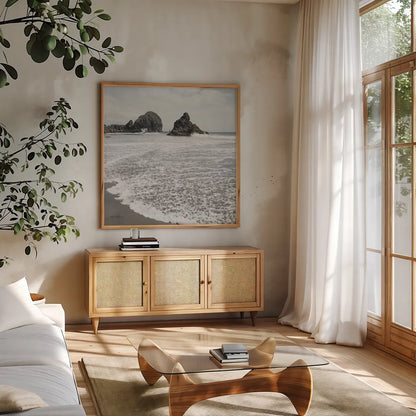 Harris Beach Oregon Crop by Alan Majchrowicz. Shown in a natural wood frame in a cozy modern living room. Available as an archival giclee rolled canvas, fine art paper, or poster print. SKU 36196a.