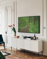 Hiking Trail in Columbia River Gorge I by Alan Majchrowicz. shown as a framed stretched canvas in a living room above a console. Available as a archival giclee rolled canvas, fine art paper, or poster print. SKU 62462i.
