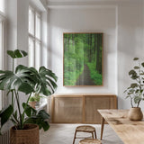 Hiking Trail in Columbia River Gorge II by Alan Majchrowicz. shown as a print in a natural wood frame in a dining room. Available as a archival giclee rolled canvas, fine art paper, or poster print. SKU 62463h.