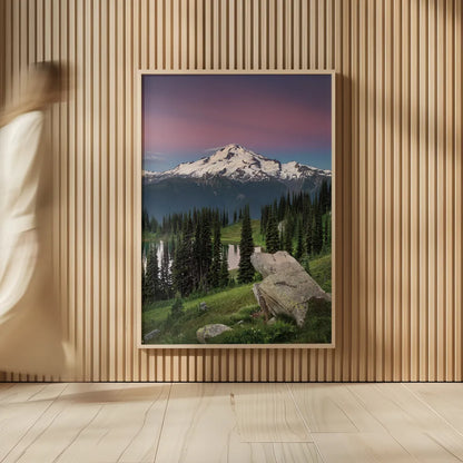 Image Lake Glacier Peak North Cascades by Alan Majchrowicz. shown as over sized large wall art. Available as an archival giclee rolled canvas, fine art paper, or poster print. SKU 86349h.