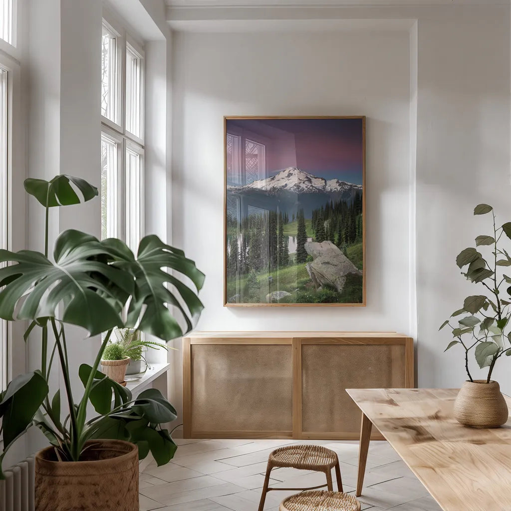 Image Lake Glacier Peak North Cascades by Alan Majchrowicz. shown as a print in a natural wood frame in a dining room. Available as a archival giclee rolled canvas, fine art paper, or poster print. SKU 86349h.